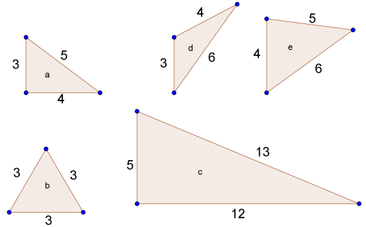 Cinq triangles avec leurs mesures