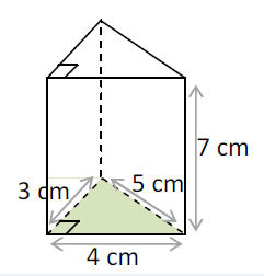 Prisme triangulaire — base 4 cm, hauteur du triangle 3 cm, hauteur du prisme 7 cm
