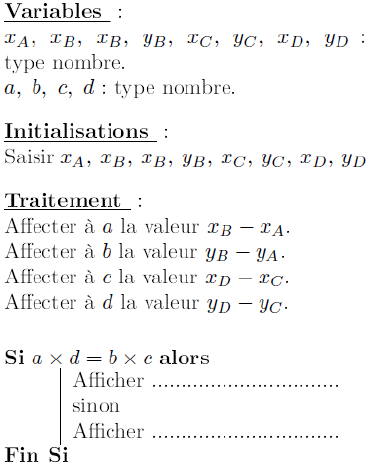 Algorithme à compléter pour tester la colinéarité de deux vecteurs