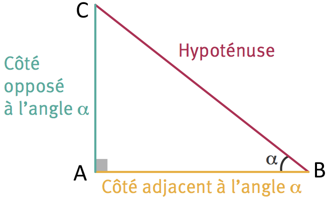 Triangle rectangle en A avec l'angle alpha en B, le côté opposé AC, le côté adjacent AB et l'hypoténuse BC