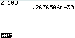 Écran de calculatrice affichant 2^100 ≈ 1.2676506e+30