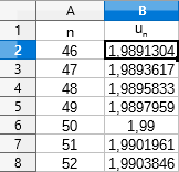 Tableur pour la suite u_n = (4n-1)/(2n)